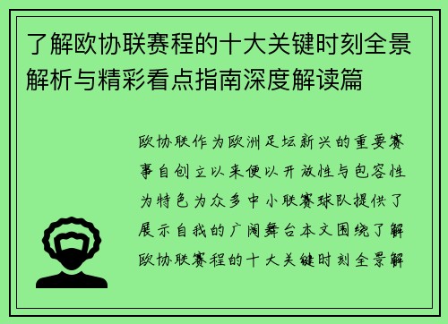 了解欧协联赛程的十大关键时刻全景解析与精彩看点指南深度解读篇